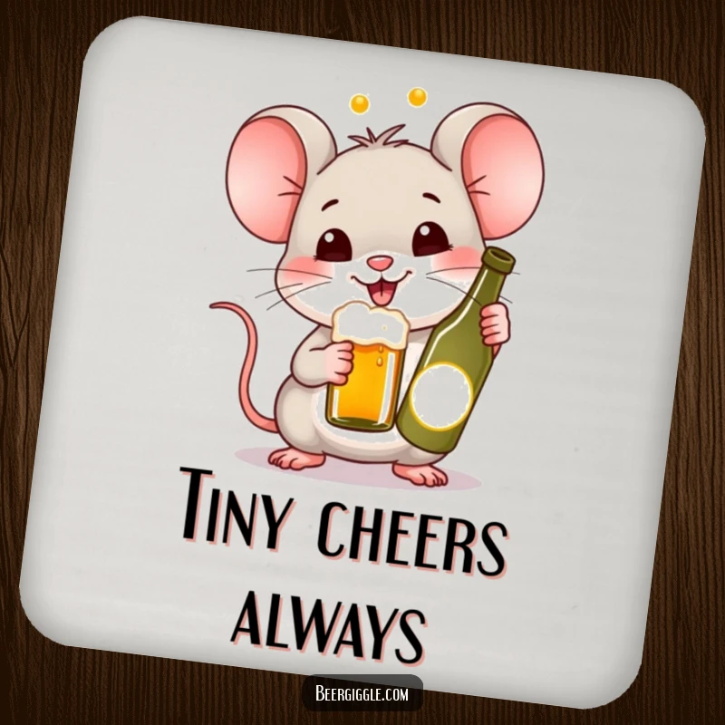 Funny Kawaii Mouse Beer Coaster: A happy mouse cheering with a tiny beer bottle. Protects surfaces with a humorous and cheerful design.