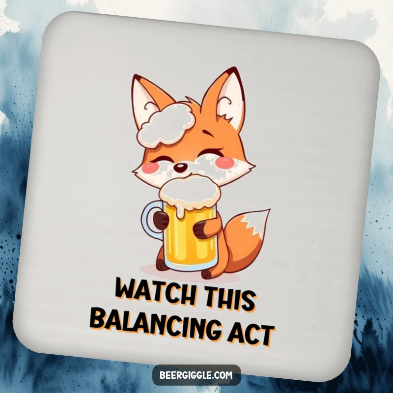 Funny fox giggling while balancing a beer mug on its snout, depicted on a coaster for humorous protection.