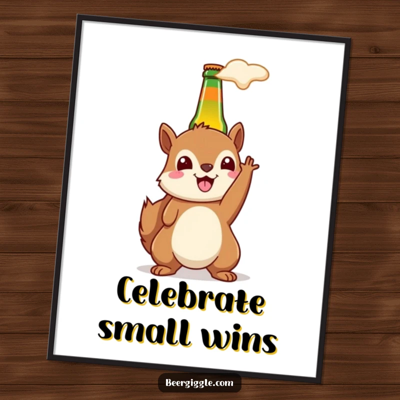 Funny kawaii squirrel beer poster featuring a happy squirrel holding a beer bottle aloft, perfect festive decor.