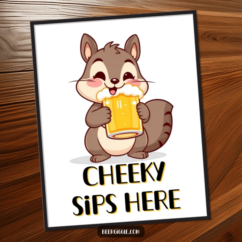 Funny poster print featuring a cheerful squirrel character holding a beer mug, adding whimsical woodland charm and humor to any space.