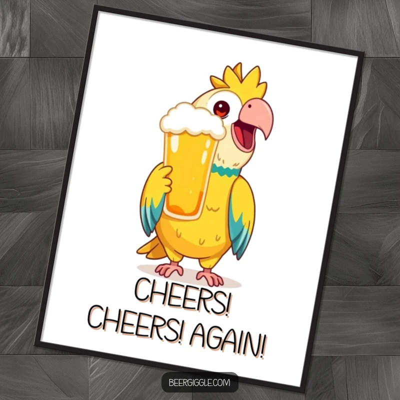 Funny Poster of a happy parrot mimicking a toast with a frothy beer, capturing a moment of lively celebration.