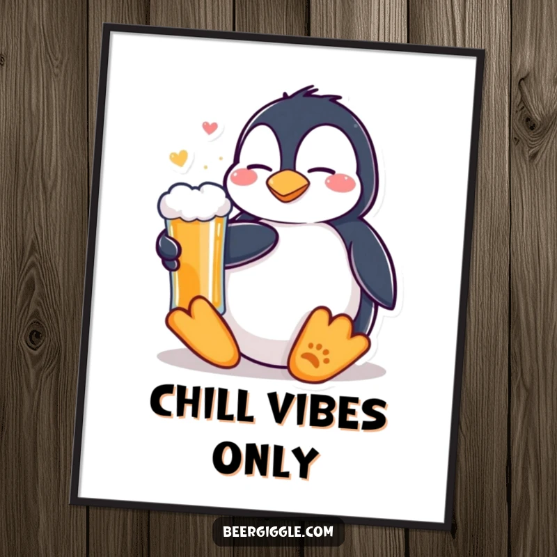 Funny Kawaii Penguin Beer Poster: A cute penguin relaxing with a cold beer. Chill and humorous wall decor for a peaceful atmosphere.