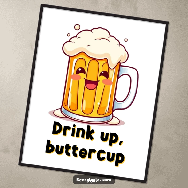 Funny kawaii beer mug overflowing with a cheerful grin on a poster, a vibrant and humorous art piece. Great gift.