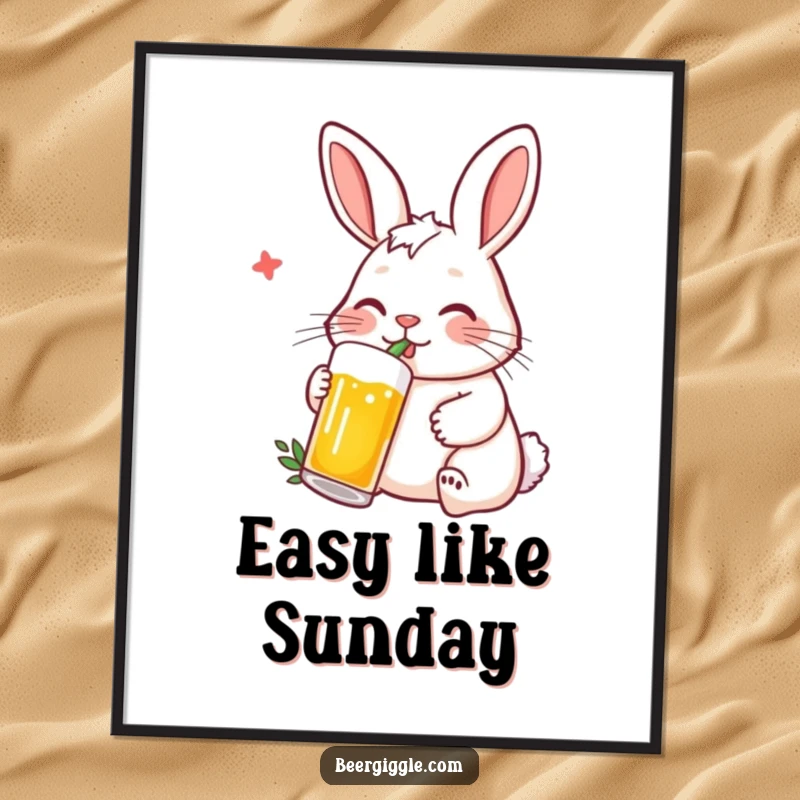 Funny Rabbit Poster: A contented rabbit character casually sipping beer from a bottle using a straw, looking pleased.