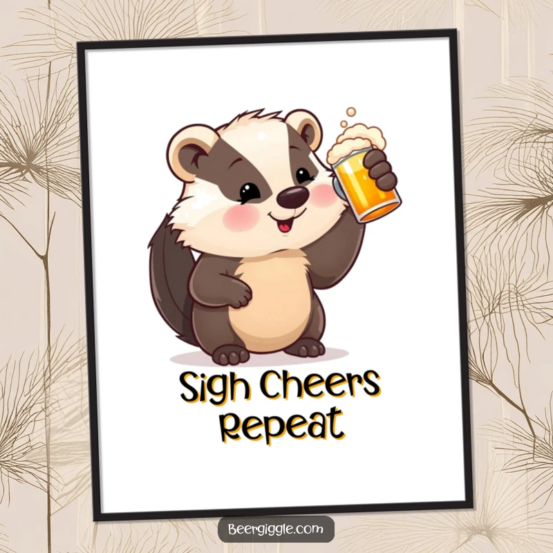 Funny Poster featuring a satisfied badger character raising a frothy beer stein, a humorous depiction of beer appreciation and relaxation.