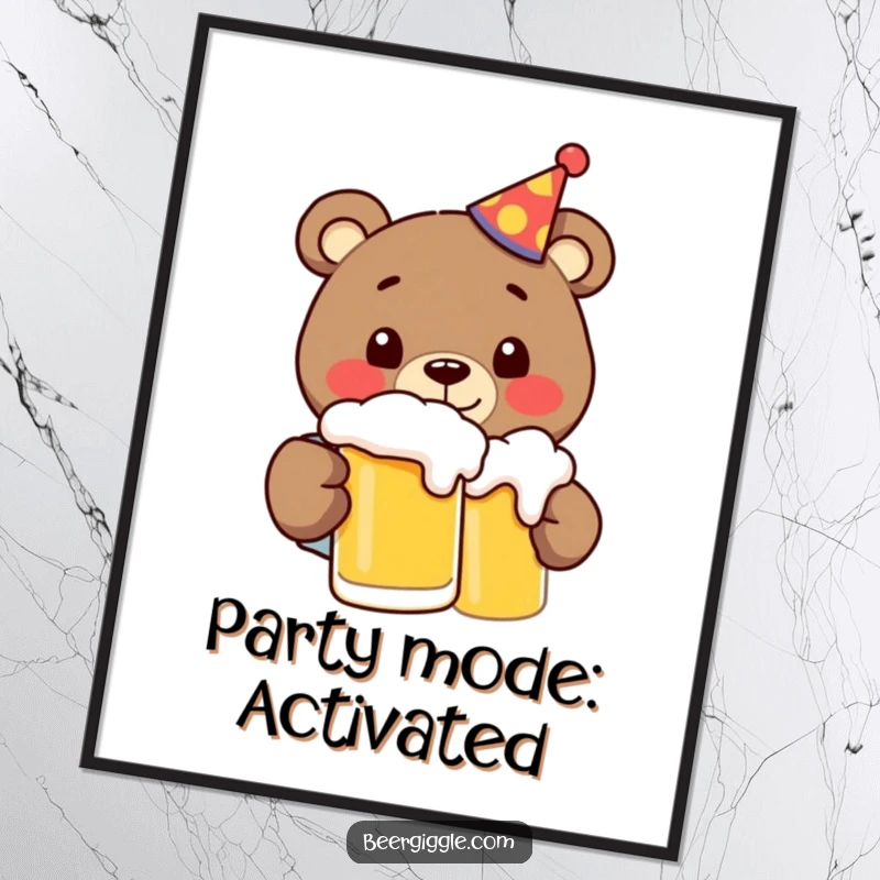 Funny bear in a party hat, joyfully chugging beer, creating a humorous and festive atmosphere on this wall poster.
