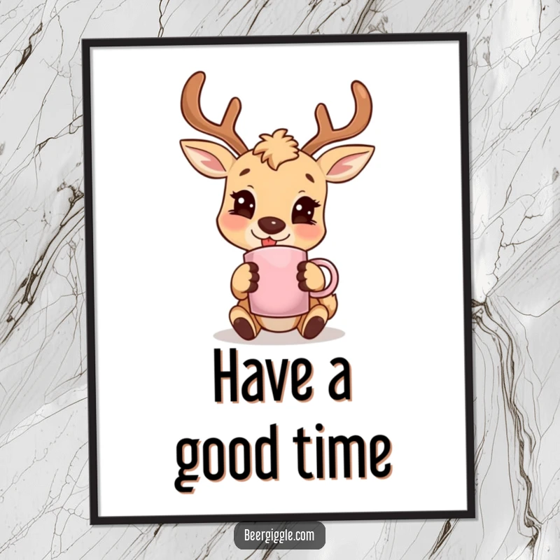 Funny deer character smiling with an antler mug, high-quality poster print, perfect for home or office decor.