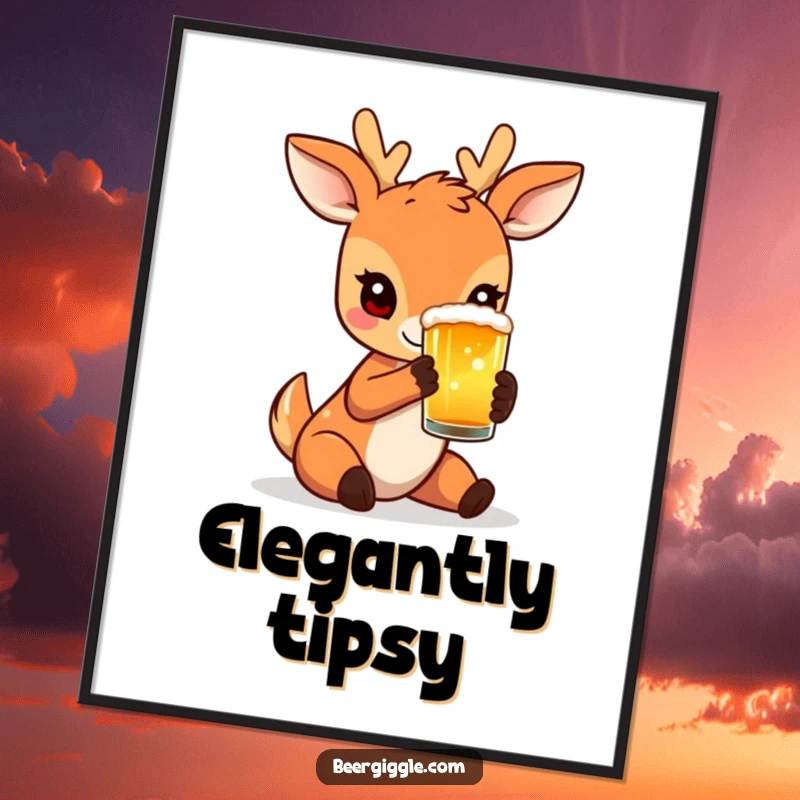 Funny Poster of a charming deer delicately holding a frothy beer glass, evoking a serene and sophisticated mood.