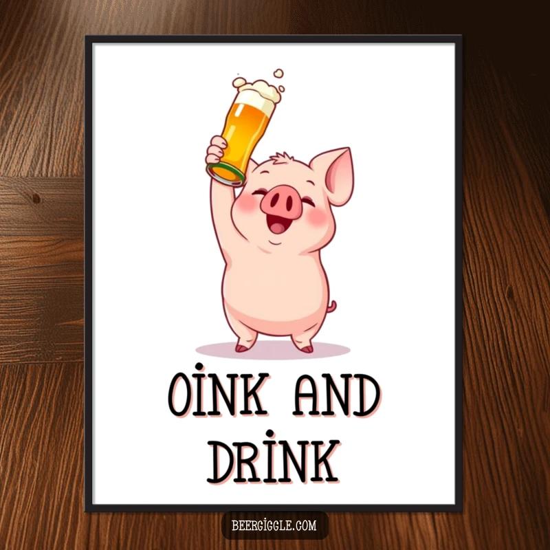 Funny poster print of a gleeful pig character triumphantly holding a beer bottle, bringing a humorous celebratory mood to any room.