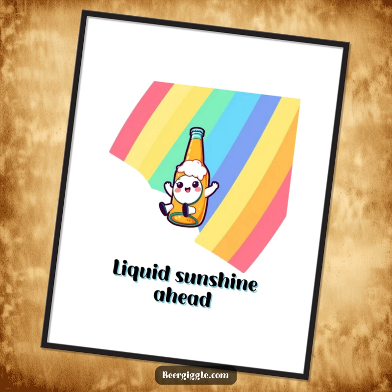 Funny kawaii beer bottle character sliding down a colorful rainbow on a poster, creating a vibrant and whimsical piece of art.