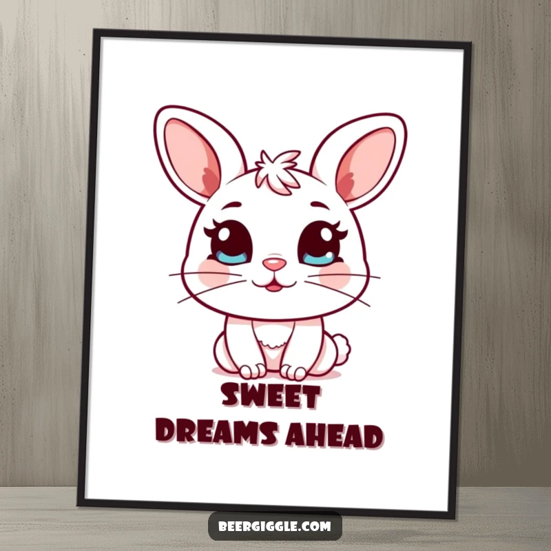Funny Kawaii Bunny Poster: Adorable bunny character winks holding a full mug, creating a charming and humorous wall decoration.