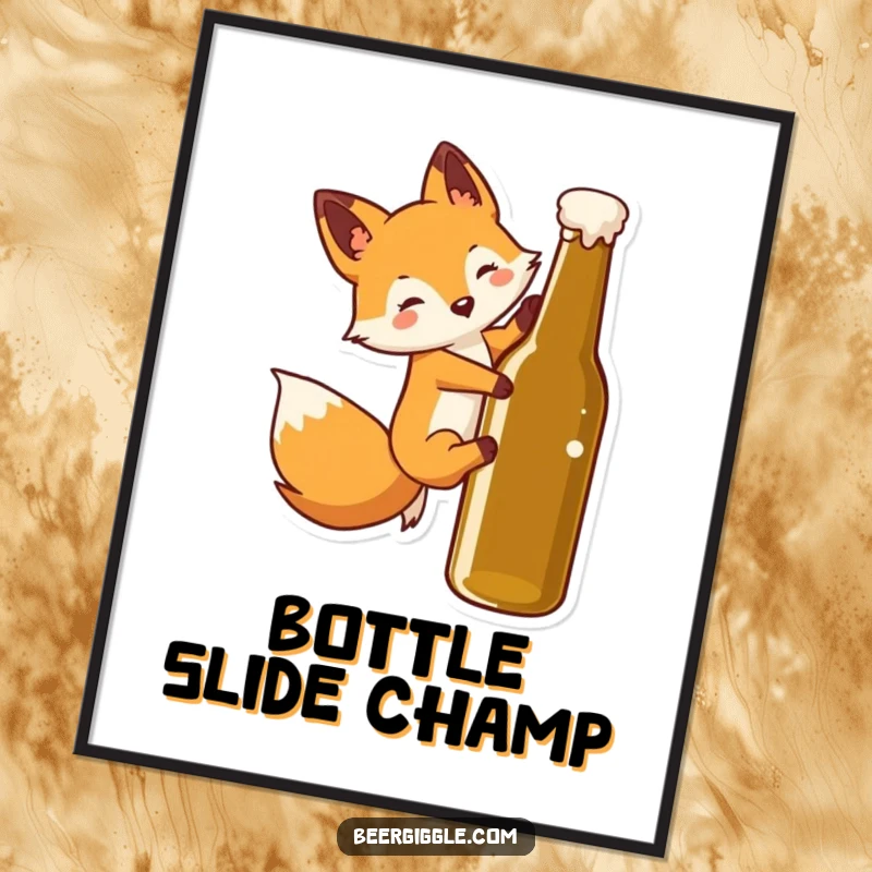 Funny Kawaii Fox Poster: Adorable fox character playfully slides down a beer bottle, creating a humorous and lively wall decoration.