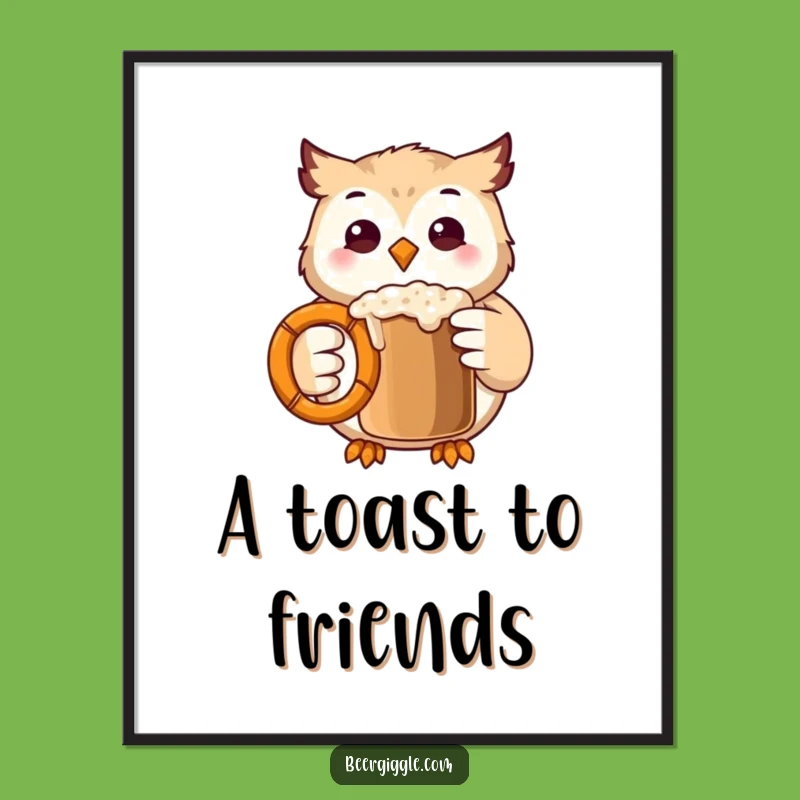 Funny Kawaii Owl Poster: Whimsical Art of Owl Clinking Pretzel Mug, Gift Idea
