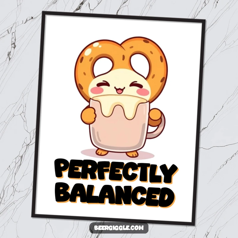 Funny kawaii pretzel character winking while balancing a frothy mug on a poster, a quirky and humorous art piece. Fun decor.