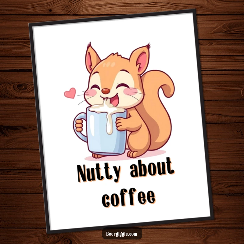 Funny Kawaii Squirrel Chugging Poster: A cute squirrel merrily drinking from a small mug. Whimsical and humorous wall decor for a playful vibe.