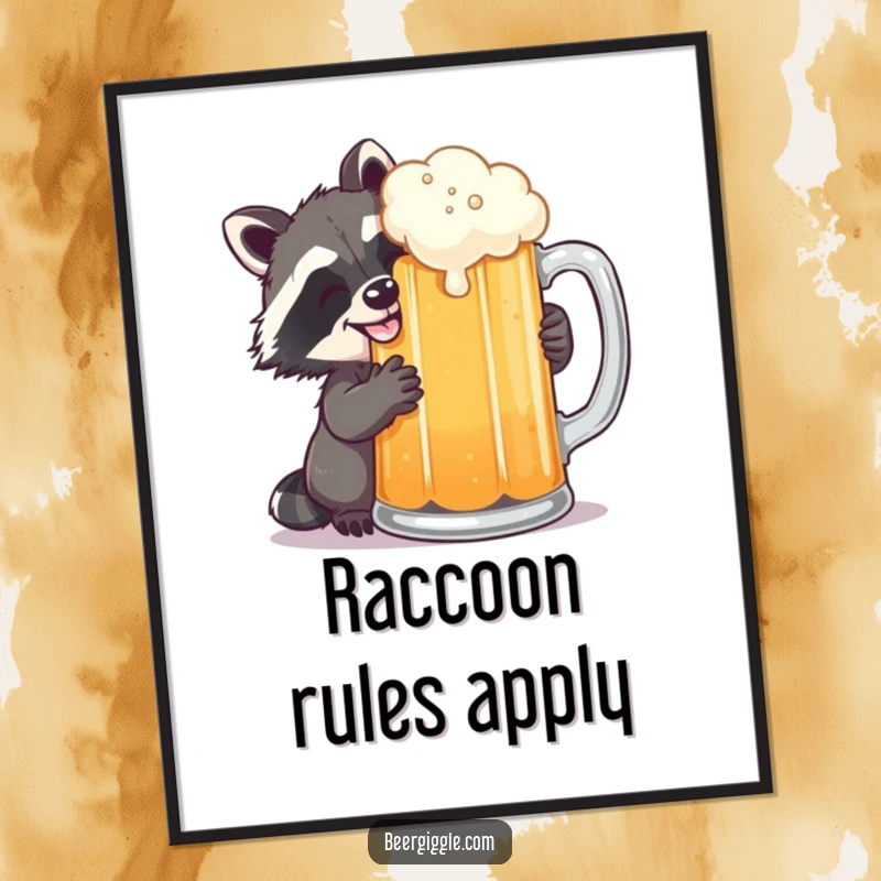 Funny raccoon with a grin, sneaking a sip of beer from a large mug, creating a humorous and eye-catching piece of wall art.
