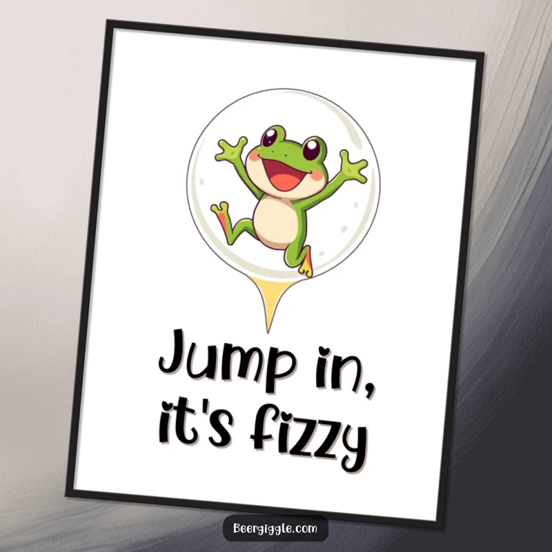 Funny Frog Poster: A joyful frog character mid-leap into a giant beer bubble, conveying pure happiness.