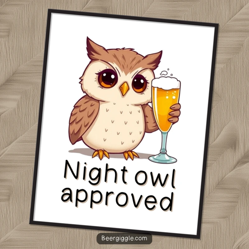 Funny poster depicting a curious owl with a beer glass, adding a touch of quirky humor to any wall.