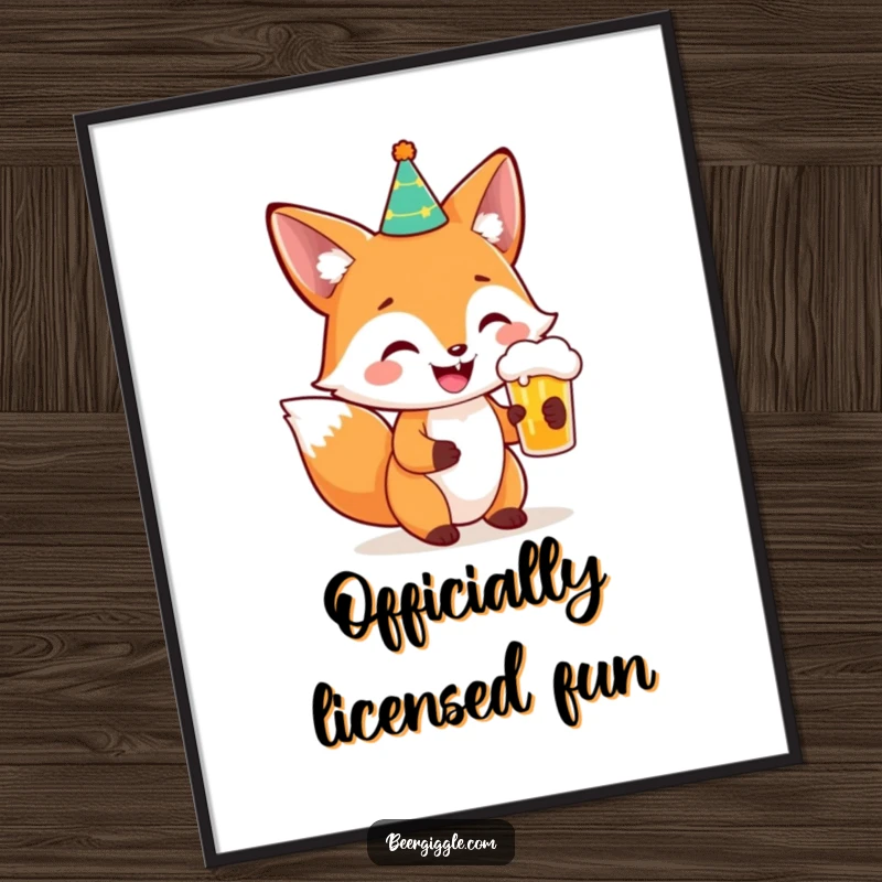 Funny Fox Party Beer Poster: A smiling fox in a party hat holds a beer, bringing hilarious celebration vibes.