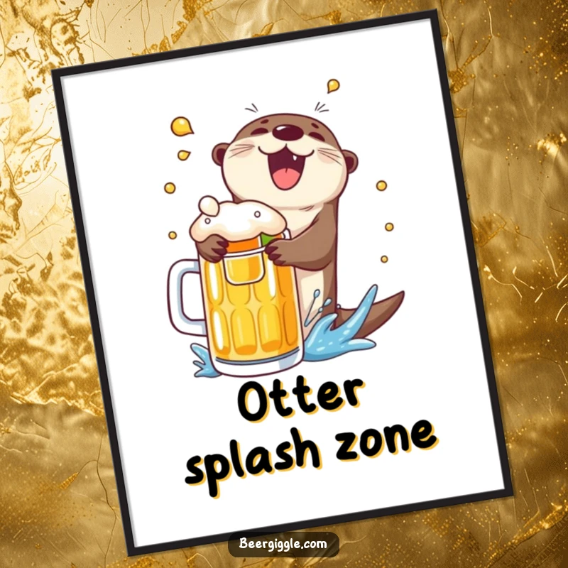 Funny delighted otter beer poster, mid-cannonball into a mug, bringing vibrant fun and cheerful vibes to your wall.