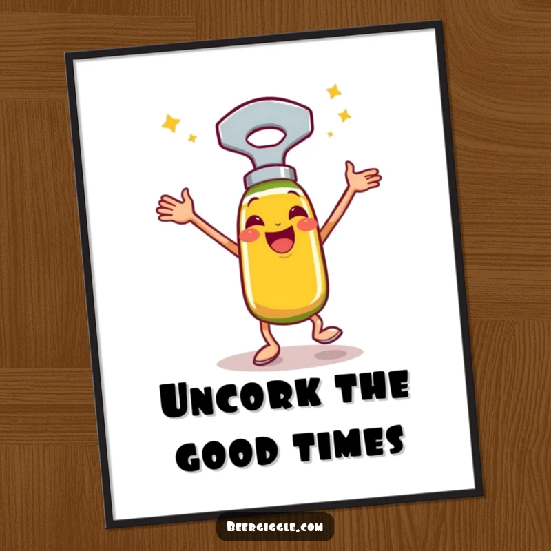 Funny bottle opener poster, happy, performing a celebratory jig, dancing, wall art, party decor, humorous illustration.