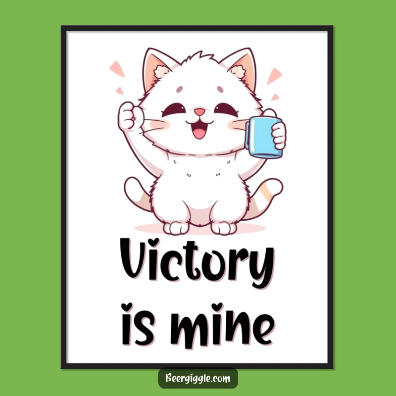 Funny Kawaii Cat Poster: Whimsical Art of Cat Cheering Mug Aloft, Gift
