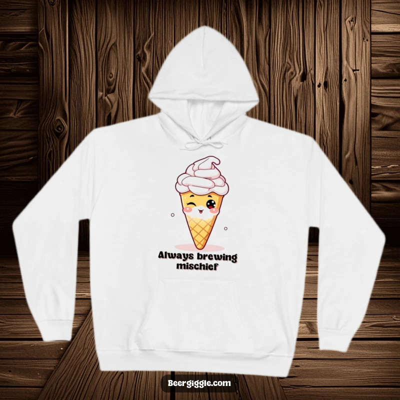 Funny hooded sweatshirt with a winking hop cone peeking out of a beer glass, designed for beer lovers.