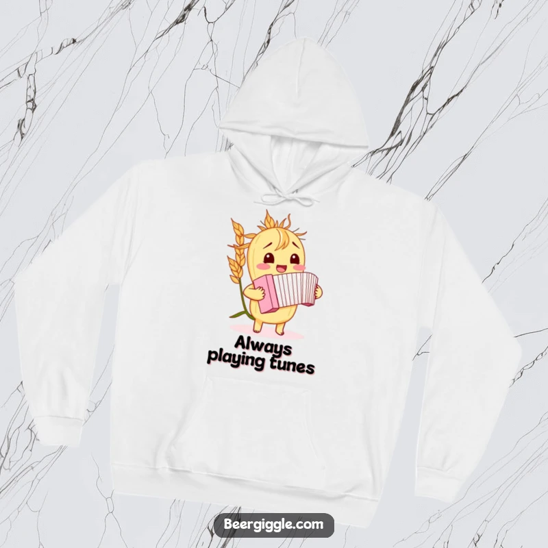 Funny barley stalk hoodie, giggling, playing a miniature accordion, cozy apparel, winter wear, humorous graphic.