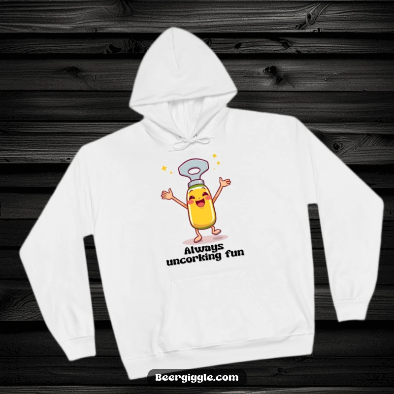 Funny bottle opener hoodie, happy, performing a celebratory jig, cozy apparel, winter wear, humorous graphic.