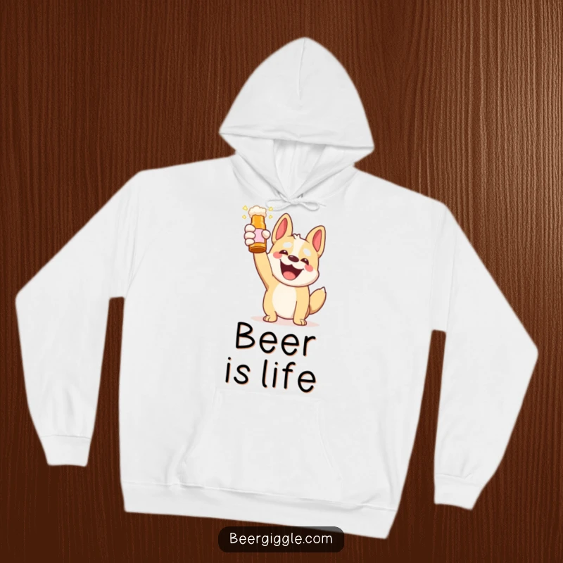 Funny Kawaii Dog Beer Toast Hoodie: A cute dog joyfully holding up a beer bottle for a toast. Cozy and humorous wear for canine enthusiasts.