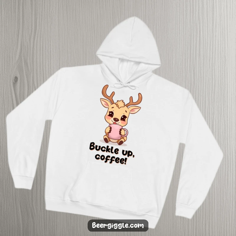 Funny deer character smiling with an antler mug, cozy hoodie, perfect for keeping warm and cheerful during colder months.