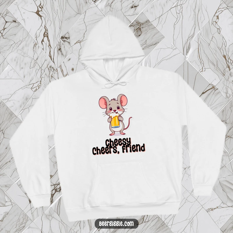 Funny hoodie featuring a happy mouse character maintaining perfect balance with a small beer mug, bringing cozy humor.