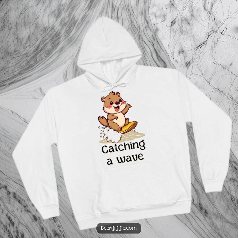 Funny beaver character surfing on a beer foam wave, cozy hoodie, perfect for staying warm and cheerful.