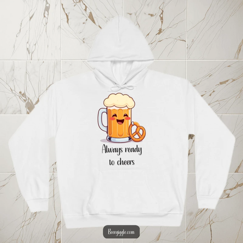 Funny beer mug hoodie, grinning, toasting with a tiny pretzel, cozy apparel, winter wear, humorous graphic.