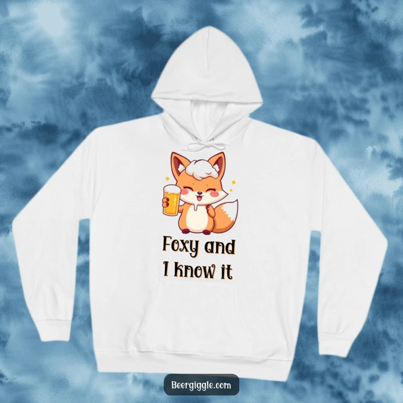 Funny kawaii fox enjoying a beer, winking cheekily on a comfy hoodie, ideal for casual, humorous wear.