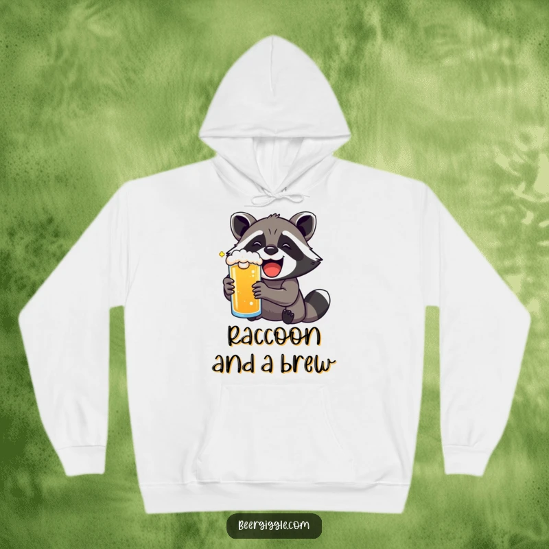 Funny kawaii raccoon with a huge smile enjoying a beer on a cozy hoodie, radiating pure delight.