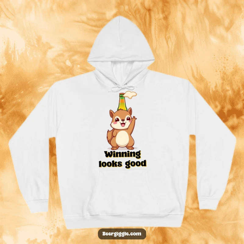 Funny kawaii squirrel hoodie showing a happy squirrel holding a beer bottle aloft, perfect for warm celebrations.