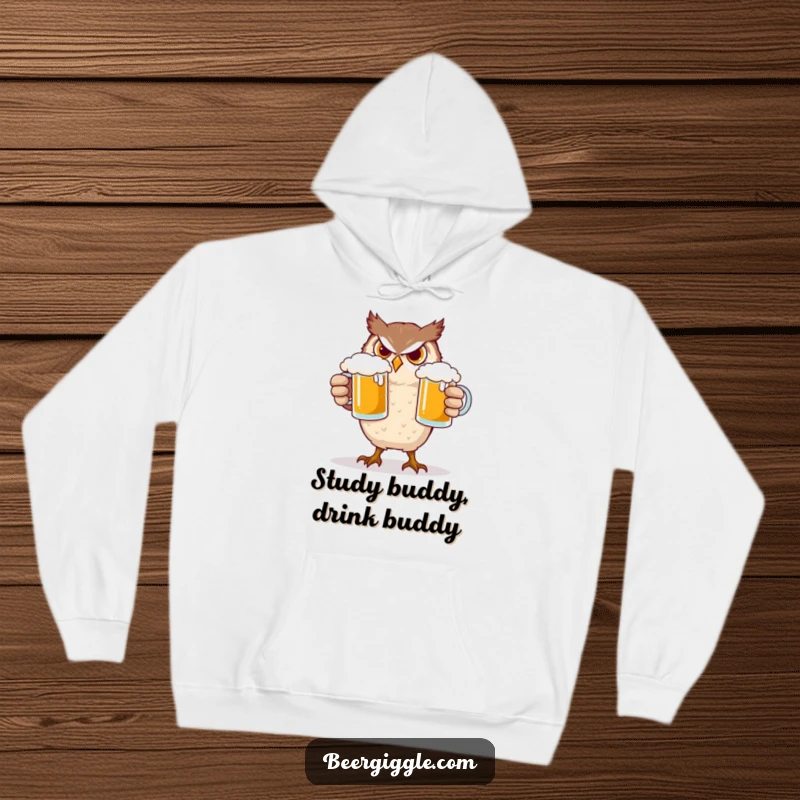 Funny Owl Hoodie: A determined character owl trying to balance two large beer mugs, looking stressed but resolute.