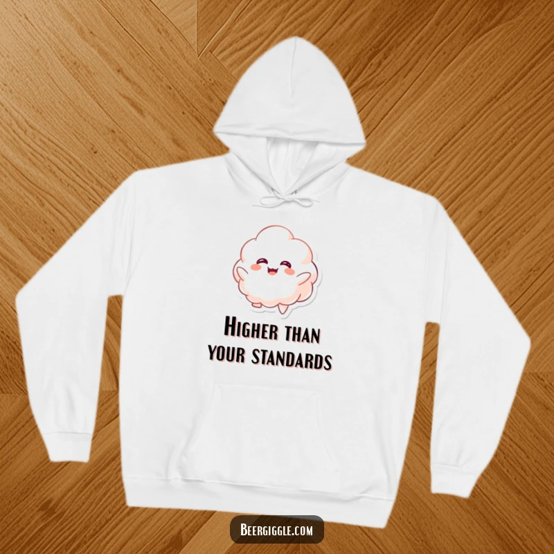 Funny kawaii foamy character giggling while floating upwards on a cozy hoodie, comfortable and whimsical. Hilarious gift.