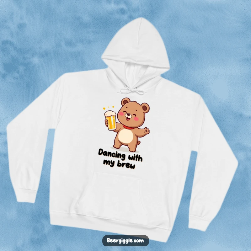 Funny bear hoodie designed with a cute character doing a happy dance while holding a beer.