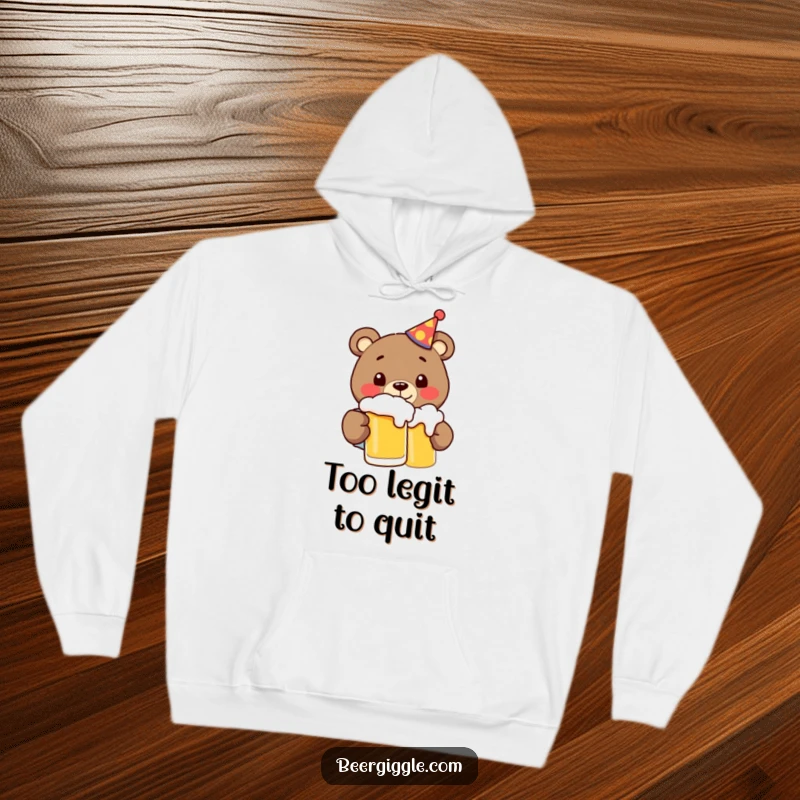 Funny bear in a party hat, happily chugging beer, bringing warmth and humor in this cozy, hilarious hoodie.
