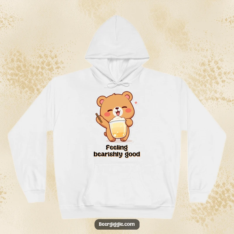 Funny Bear Winking Hoodie: A delighted bear winks while balancing a foamy drink, offering hilarious comfort.