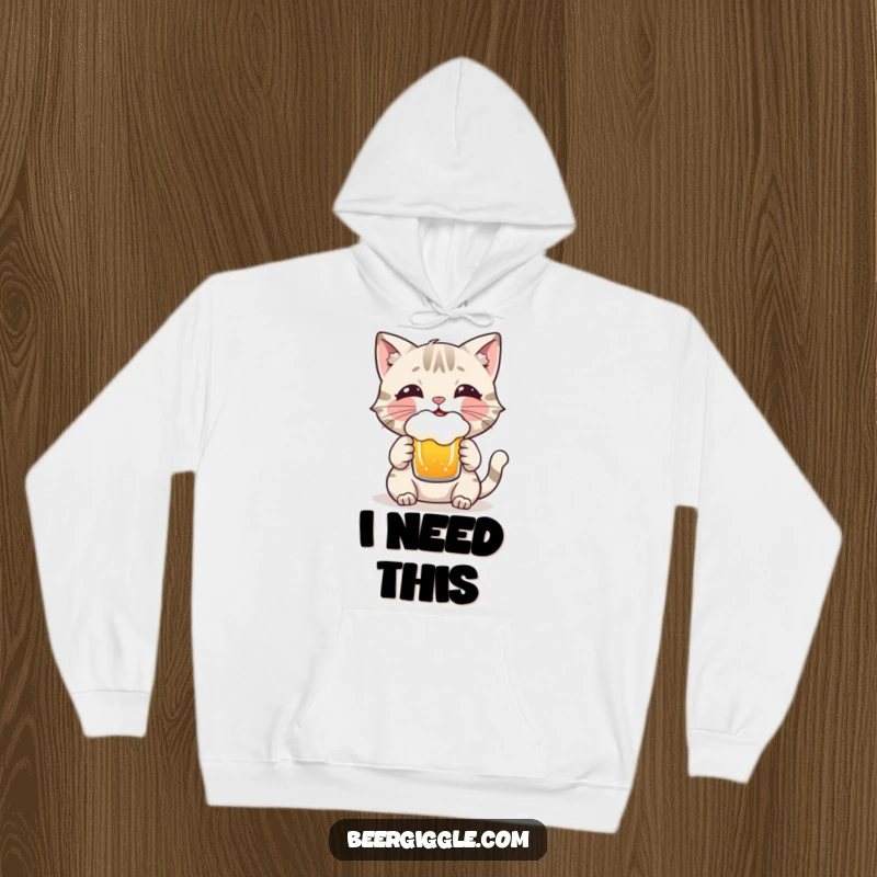 Funny Cat Hoodie: A playful cat character in a warm hoodie, enjoying a frothy beer, perfect for cozy moments.