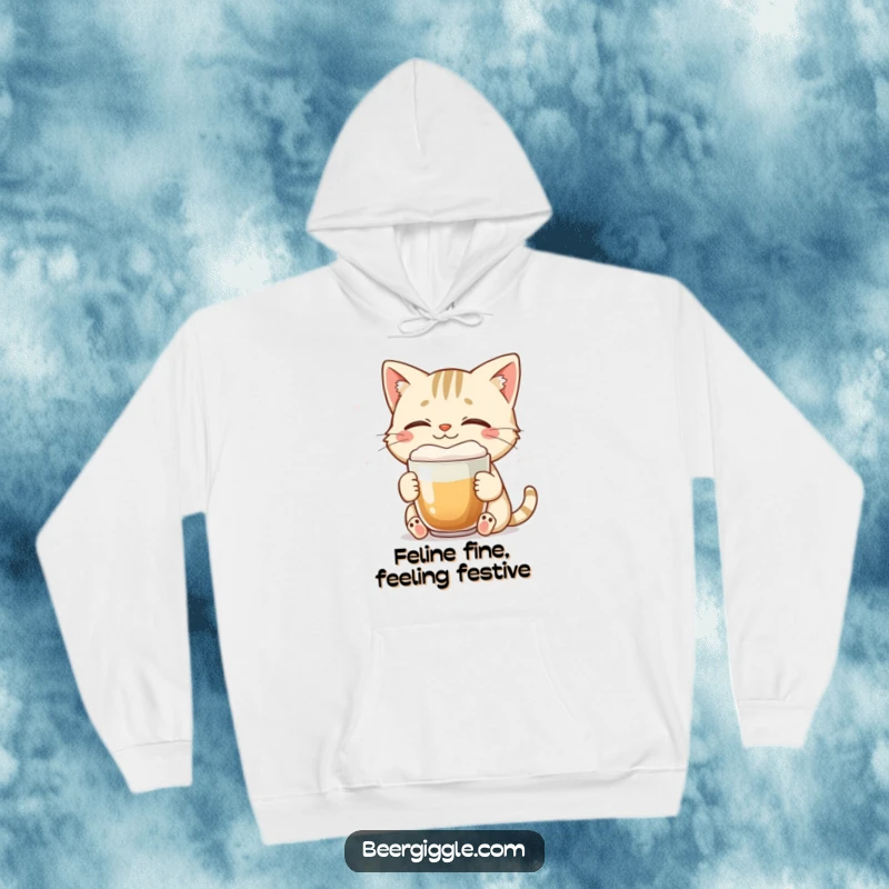 Funny cat hoodie designed with a smiling character enjoying a foamy brew with eyes closed.