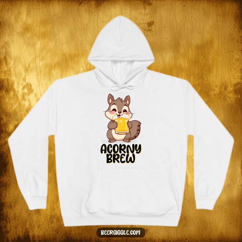 Funny hoodie featuring a cheerful squirrel holding a beer mug, perfect for staying warm with a touch of woodland humor.