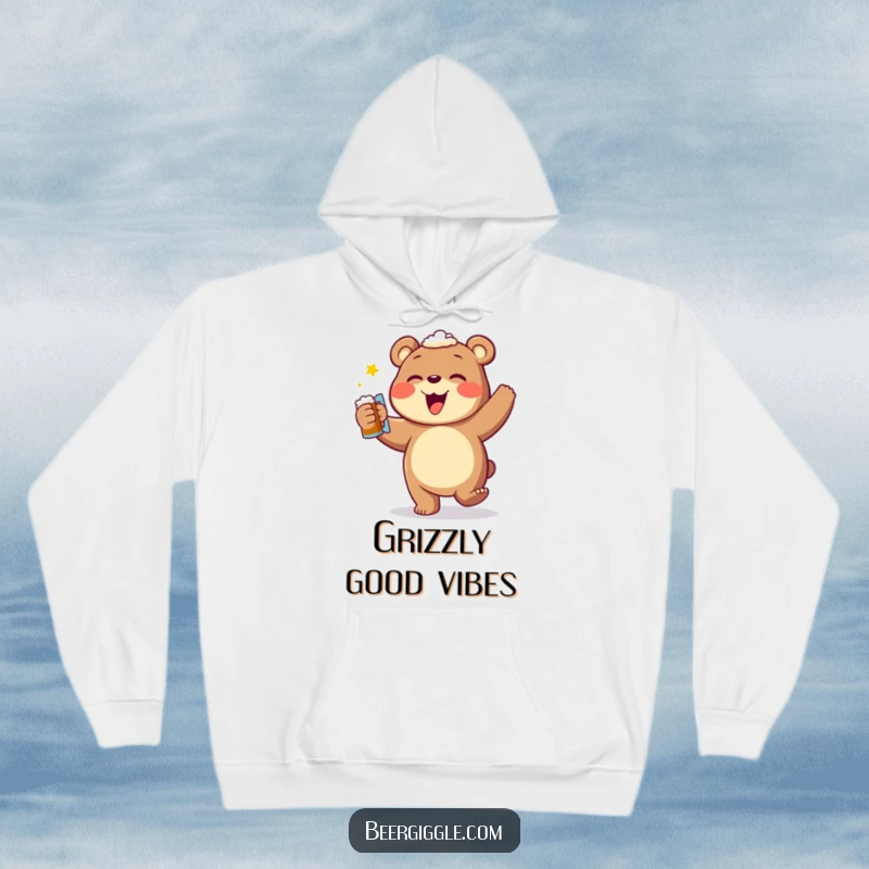 Funny cozy bear beer hoodie, gleefully doing a happy dance, embodying warmth, humor, and a love for frothy beverages.