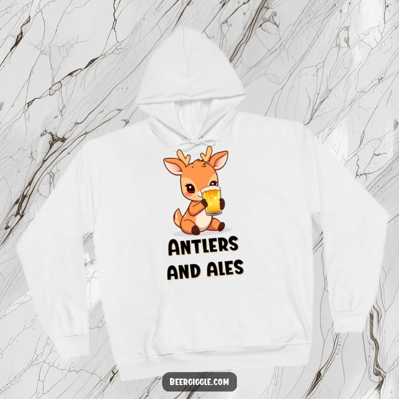 Funny Hoodie featuring a charming deer delicately holding a frothy beer glass, radiating peaceful elegance.