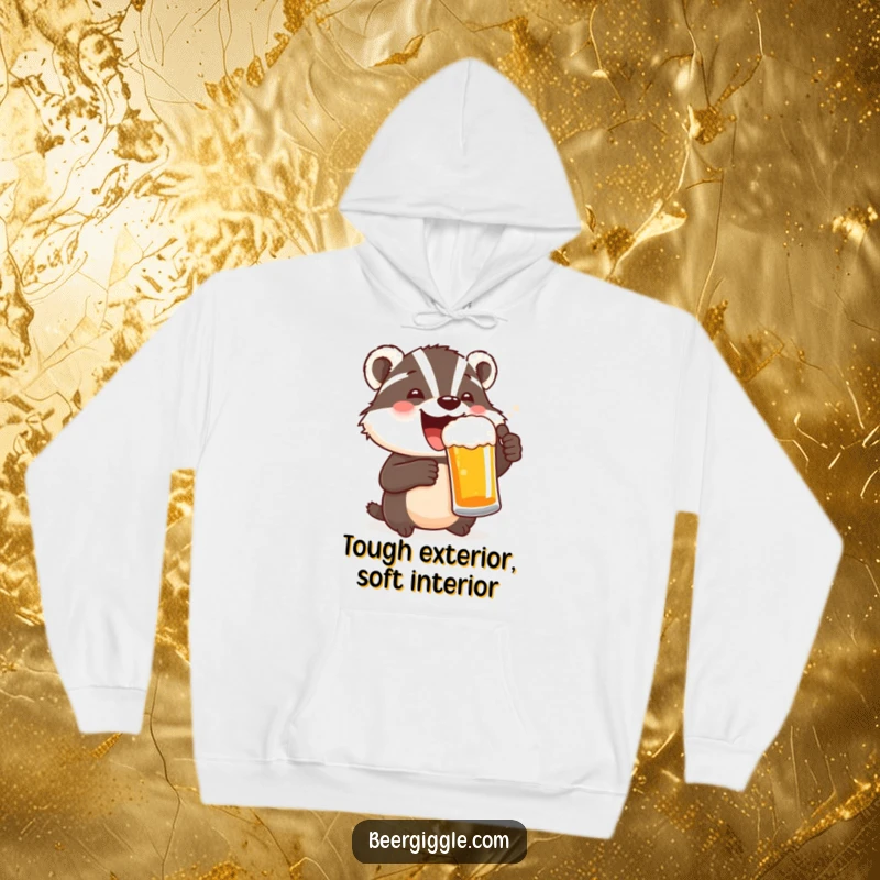 Funny hoodie showcasing a delighted badger character toasting with a beer, perfect for cozy, celebratory vibes.