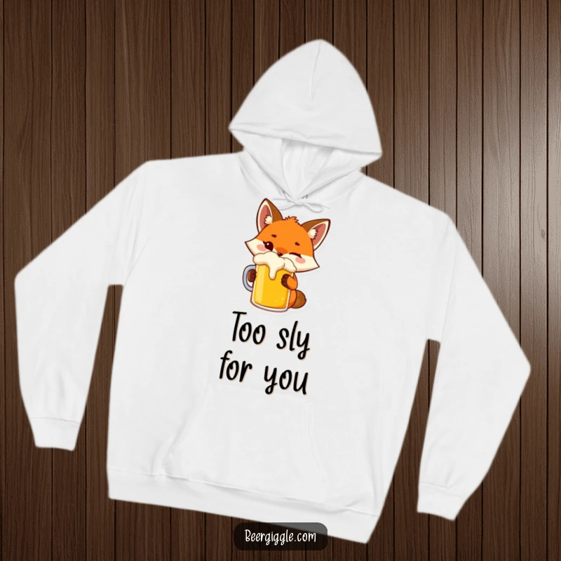Funny fox hoodie designed with a playful character winking while toasting a beer mug.
