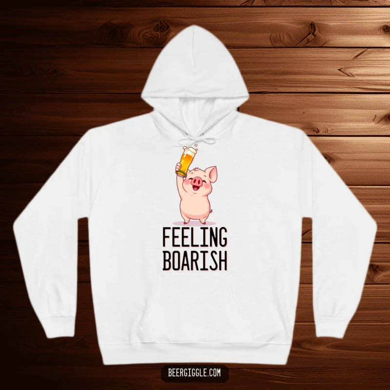 Funny hoodie showcasing a gleeful pig character celebrating with a beer bottle, perfect for chilly days and good times.